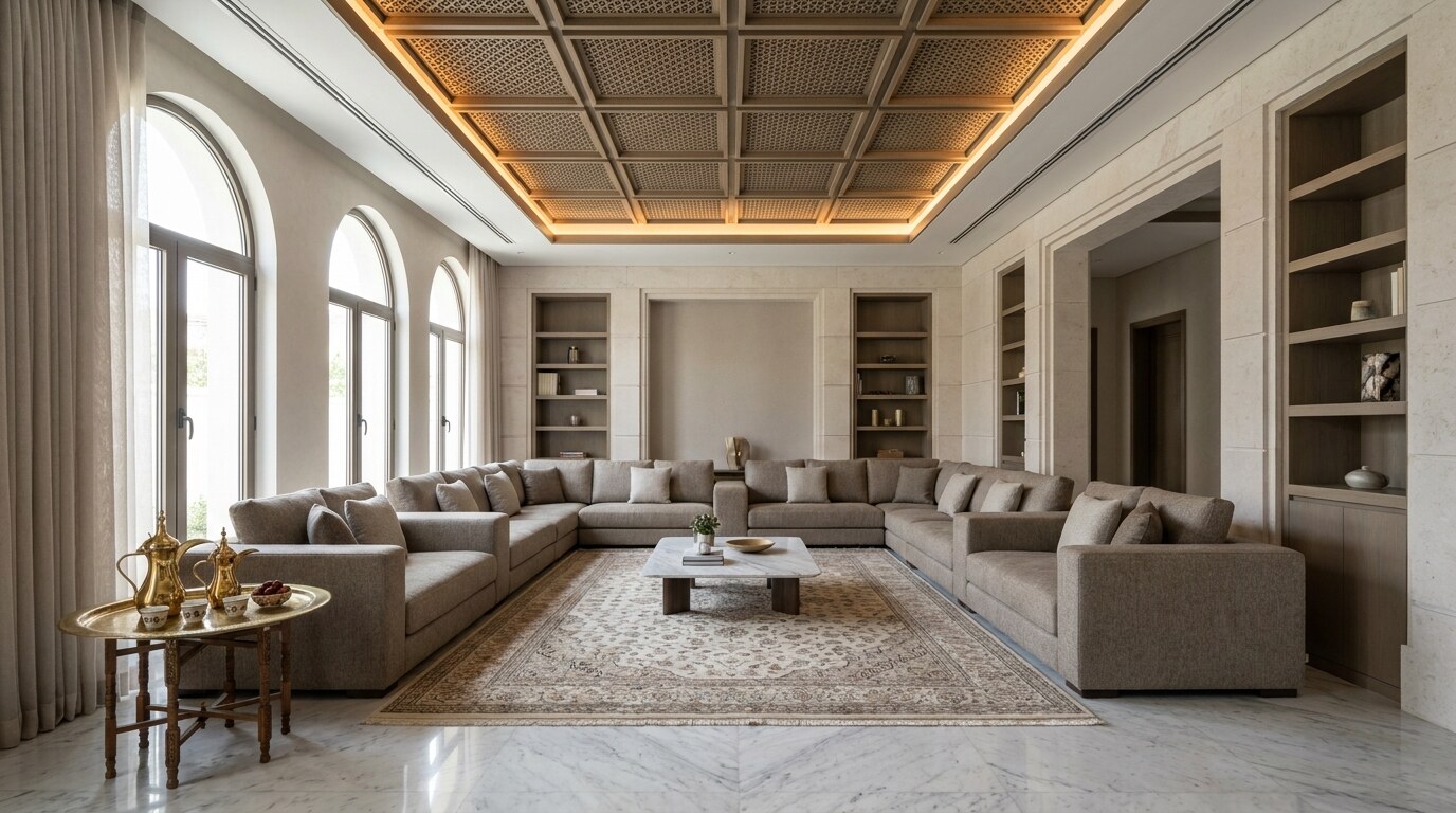 Majlis Design in Dubai Villas: The Hospitality Room That Defines the Owner visual reference 1 showing formal Dubai majlis with U shaped seating, marble floor, warm greige fabric, and hospitality service table
