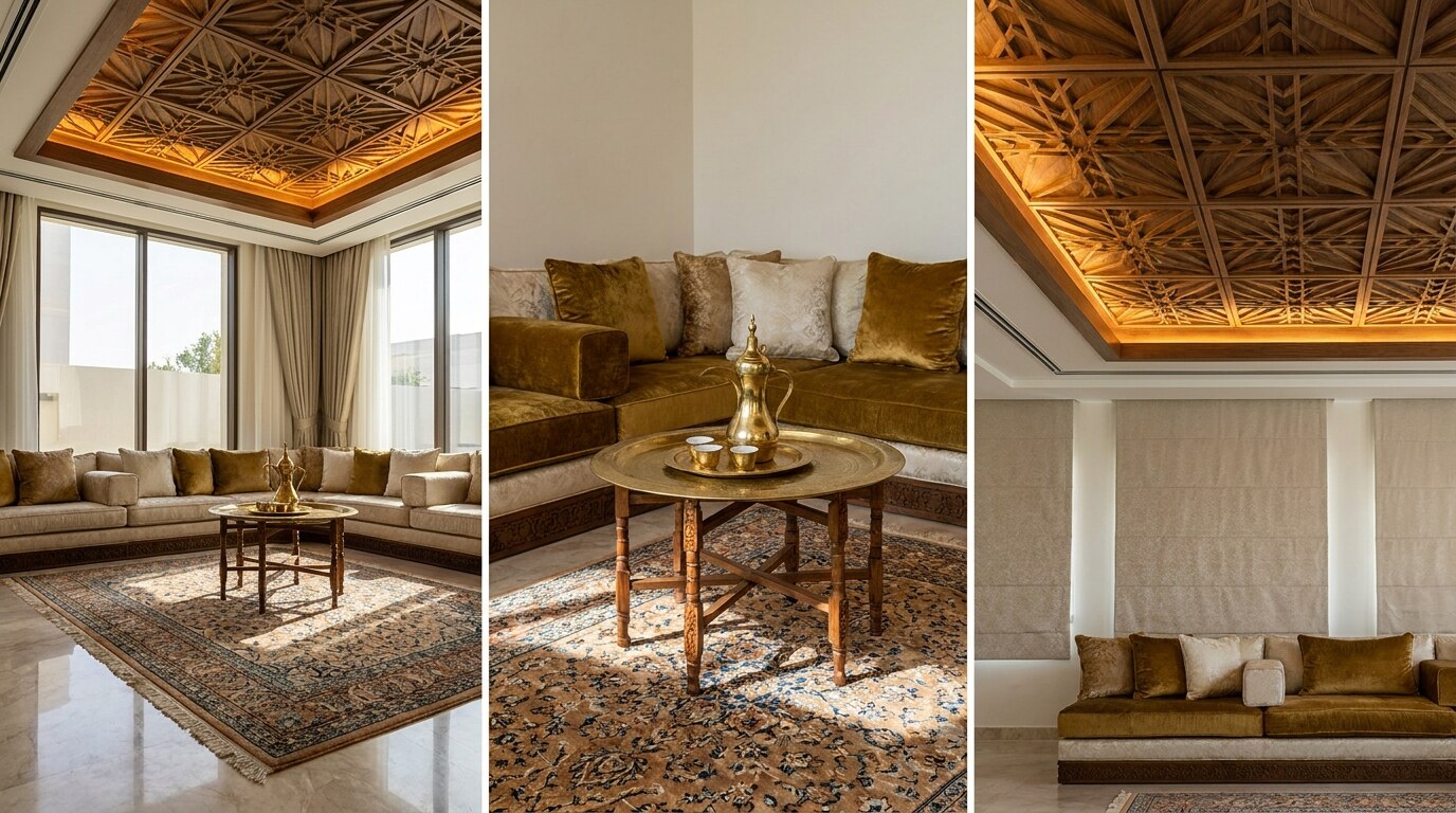 Majlis Design in Dubai Villas: The Hospitality Room That Defines the Owner visual reference 2 showing detail view of majlis rug, brass coffee service, low table, cushion textile, and acoustic ceiling pattern